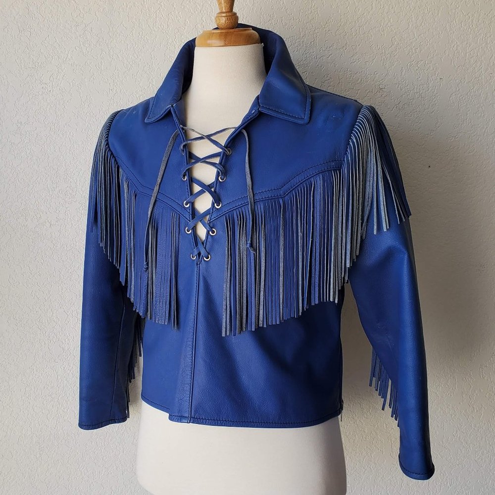 Leather Fringe Jacket Handmade Urban Cowboy Biker Lace Front - Picture 2 of 10